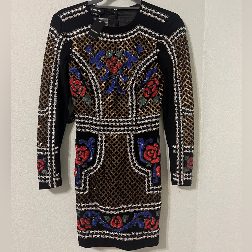 Bebe Black and Brown Long Sleeve Embellished Dress